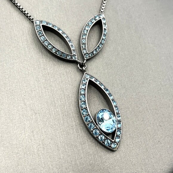 GIVENCHY Blue Rhinestone Necklace and Pierced Dangle Earrings Set Gunmetal 17" - Picture 4 of 9